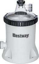 Witte Bestway filterpomp met transparante deksel, zwarte aansluitingen en een zijdelingse aansluiting.