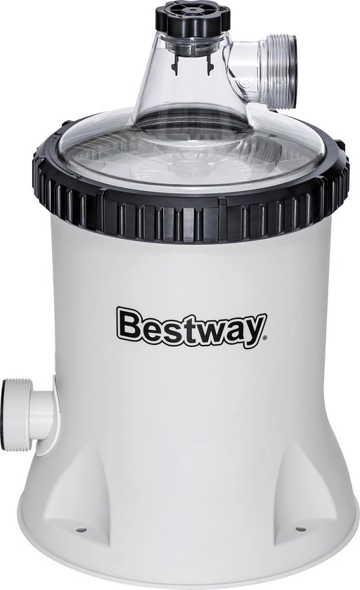 Witte Bestway filterpomp met transparante deksel, zwarte aansluitingen en een zijdelingse aansluiting.
