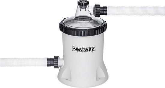 Witte Bestway filterpomp met transparante deksel en zwarte aansluitingen, met witte flexibele slang.