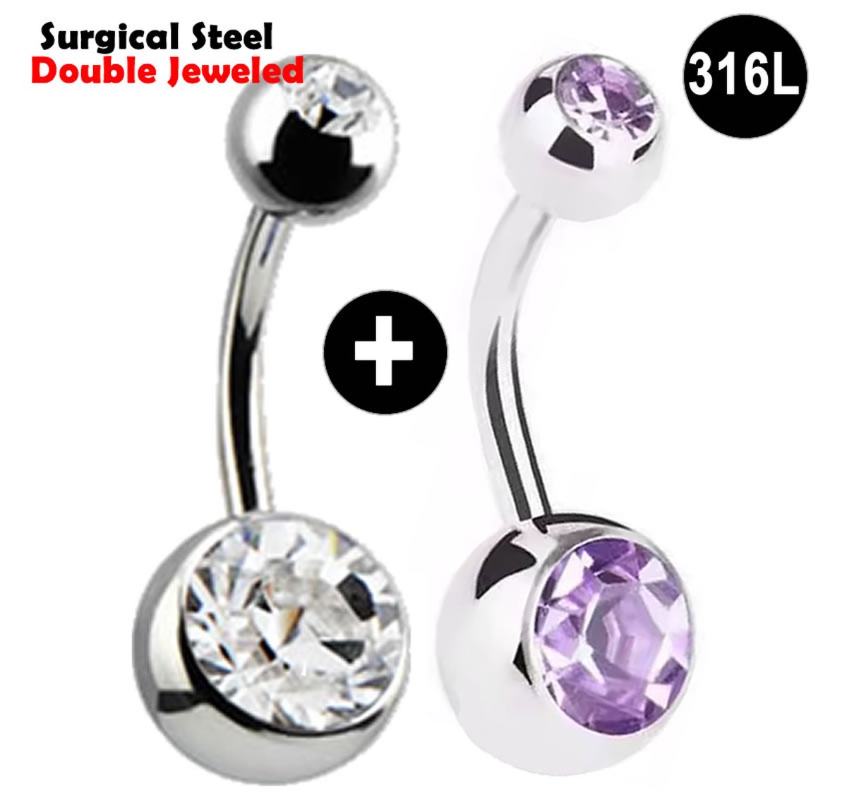 Navelpiercing - Chirurgisch staal - 2 stuks - 1x met Witte zirkonia stenen - 1x met Lila zirkonia stenen - Double Jeweled