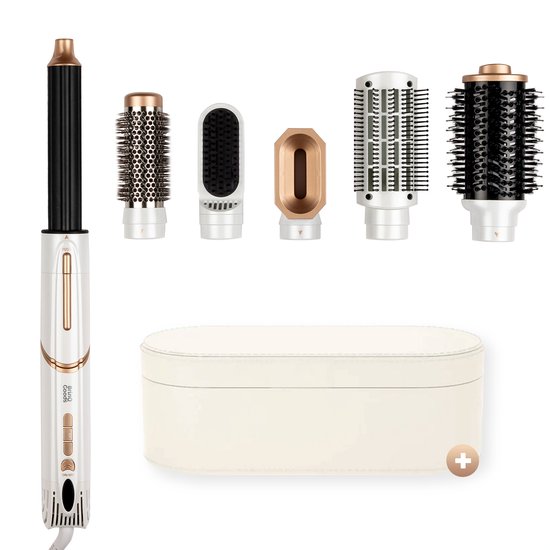 Een witte en gouden haardroger met vijf opzetstukken, een luxe opbergcase en een plus-icoon.
