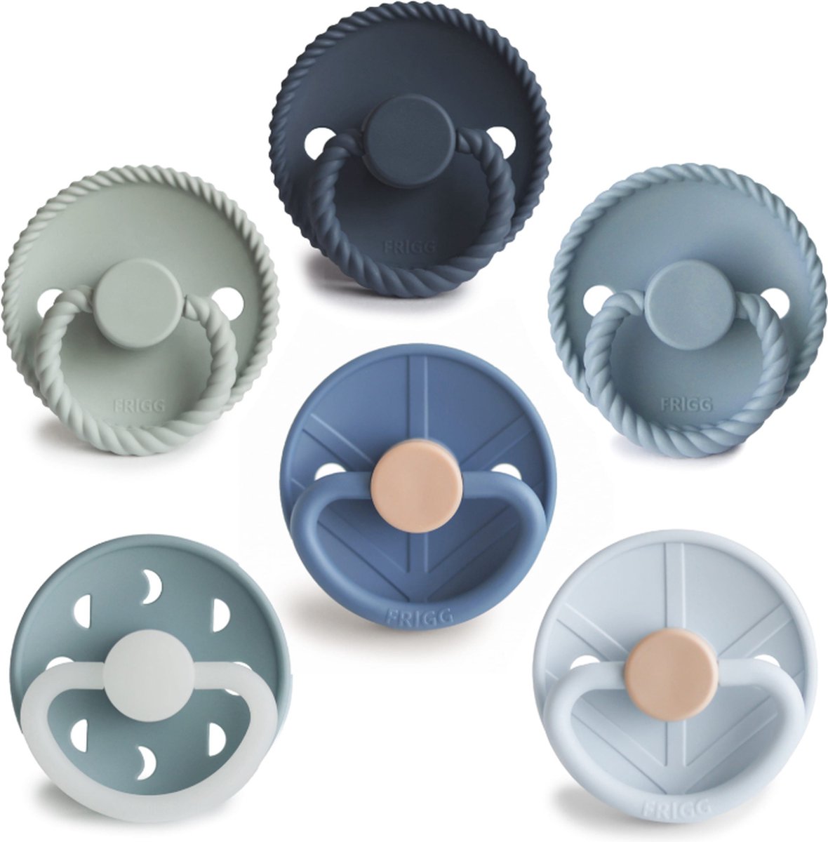Goedkoopste FRIGG Fopspeen set 6 stuks - SILICONEN - Maat 1 - 0-6 maanden - 6 pack Blauw
