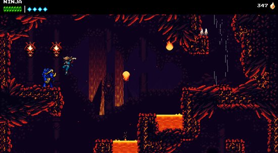 Een ninja staat op een rotsachtig platform in een grot met lava. Een groot blauw monster staat naast hem.