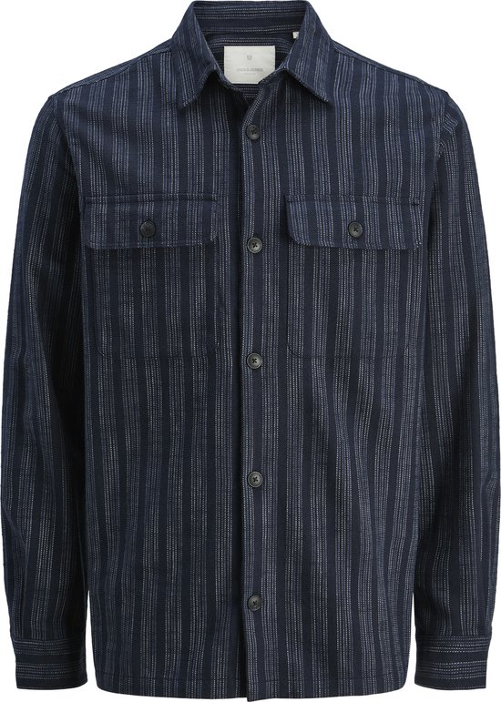 Marineblauwe overshirt met verticale witte strepen, twee borstzakken en JACK & JONES merklabel.
