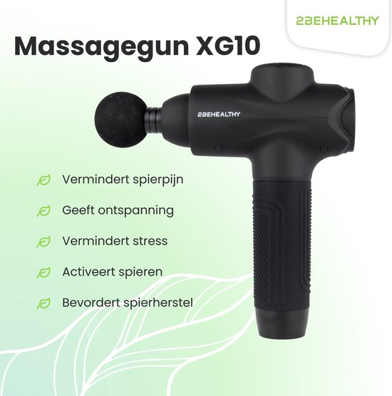 Zwarte 2BEHEALTHY massagegun XG10 die spierpijn vermindert, ontspanning geeft en stress vermindert.