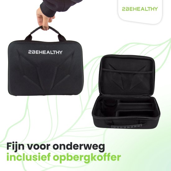 Zwarte 2BEHEALTHY opbergkoffer voor de massagegun, gesloten en open, met vakjes voor accessoires.