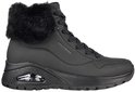 Zwarte Skechers laars met veters en zwarte bontkraag, zijkant zichtbaar.