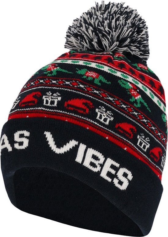 Schuin aanzicht van een donkerblauwe kerstmuts met pompon, feestelijke patronen en de witte tekst 'XMAS VIBES'.