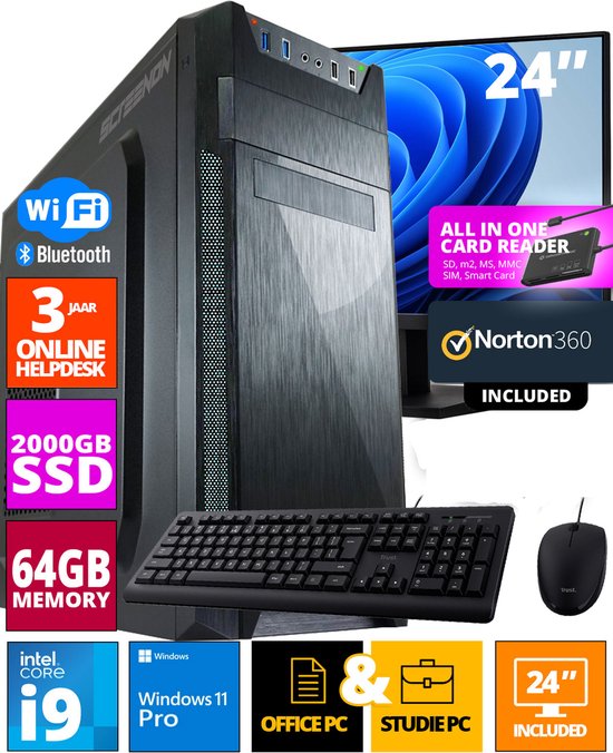 Foto: Screenon allround office pc set 24 inch monitor muis toetsenbord inclusief norton 360 usb sd card reader wifi bluetooth