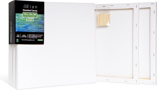 Stapel van 6 witte gespannen canvasdoeken van 30x30 cm, 100% katoen, met wiggen. Merk Elan.