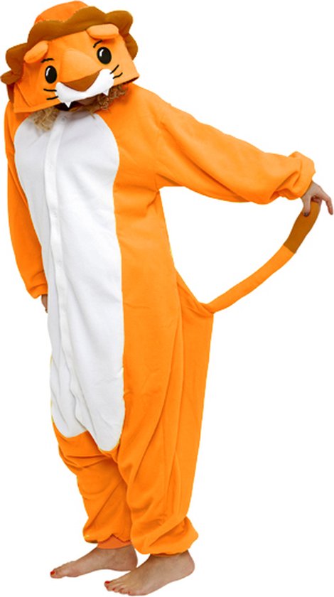 KIMU Onesie Oranje Leeuw Koningsdag Pakje - Maat 98-104 - Leeuwenpak Kostuum EK WK Pak - Kinder Zacht Fleece Huispak Jumpsuit Pyjama Jongen Meisje Halloween