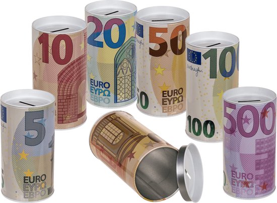 Spaarpot blik Euro biljetten verschillende soorten assorti geleverd