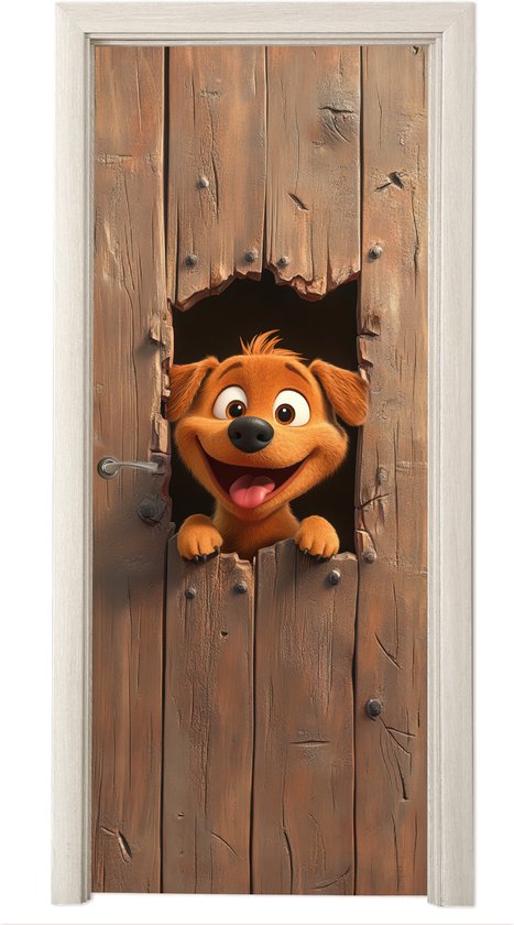Deurposter 75x205 cm - Deursticker Hond - Dieren - Animatie - Hout - Modern - Meubelfolie zelfklevend - Deurfolie woonkamer - Interieurfolie kinderkamer - Kamer decoratie accessoires - Deurbehang sticker kinderen