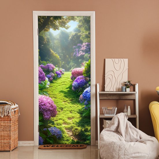 Deurposter 80x205 cm - Deursticker Natuur - Hortensia - Bloemen - Groen - Meubelfolie zelfklevend - Deurfolie woonkamer - Interieurfolie fotobehang - Deur plakfolie - Deurstickers - Deurbehang sticker - Kamer decoratie