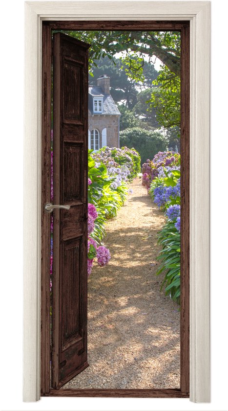 Deurposter 80x205 cm - Deursticker Doorkijk - Hortensia - Deur - Bloemen - Natuur - Meubelfolie zelfklevend - Deurfolie woonkamer - Interieurfolie fotobehang - Deur plakfolie - Deurstickers - Deurbehang sticker - Kamer decoratie