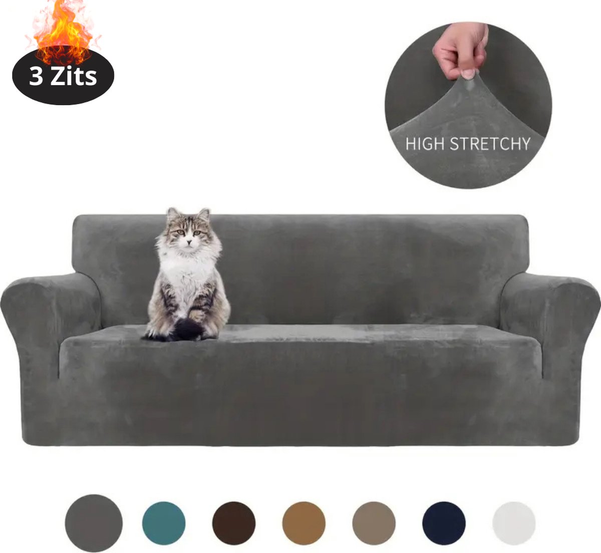 Nivard Bankhoes - Bankbeschermer - Stretch - Sofa Cover - Fluweel - Grijs - 3 Zits