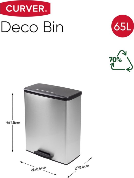 Prullenbak Curver Decobin - 65L - Rectangulaire - Gris Métallisé - Plastique Recyclé