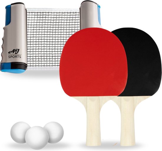 AJ-Sports Tafeltennis set - Ping pong set - Pingpong - Tafeltennis Batjes - Tafeltennis Ballen - Ping pong tafel set - Ping pong ballen - Uitschuifbaar Net - Inclusief 3 balletjes en 2 batjes