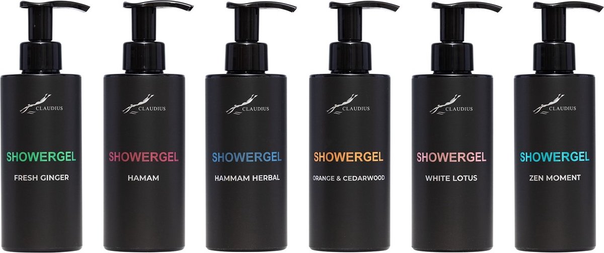 Goedkoopste Douchegel Set - Fresh Ginger Hamam Hammam Herbal Sweet Orange & Cedarwood White Lotus en Zen Moment - Claudius Cosmetics - bodycare - luxe fles - set van 6 stuks - Showergel - Cadeau - giftset voor hem en haar