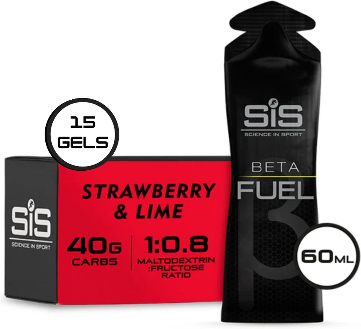 Science in Sport - SIS Beta Fuel - Dual Source energy gel - Strawberry & Lime smaak - 1 0,8 Maltodextrine Fructose verhouding - 40 gram koolhydraten per gel - 15 x 60ml