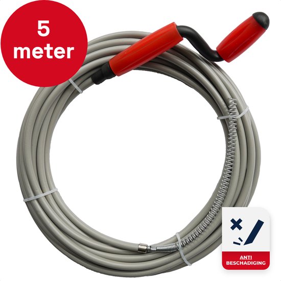 Een 5 meter lange ontstoppingsveer opgerold, met een rode cirkel die '5 meter' aangeeft.