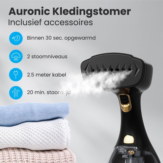 Zwarte kledingstomer van Auronic, 1500W, die stoom produceert. Tekst vermeldt: binnen 30 sec opgewarmd, 2 stoomniveaus, 2.5m kabel, 20 min. stoomtijd.
