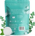 Achterkant van de verpakking Body Restore Shower Steamers met tekst "Clear your mind &amp; steam away congestion" en ingrediëntenlijst. Een tablet en muntblaadjes.