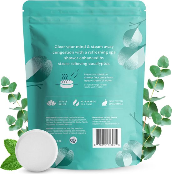 Achterkant van de verpakking Body Restore Shower Steamers met tekst "Clear your mind &amp; steam away congestion" en ingrediëntenlijst. Een tablet en muntblaadjes.