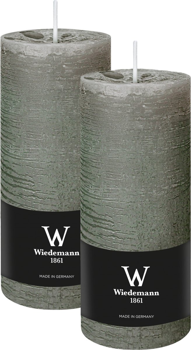 Wiedemann Cilinderkaars/stompkaars - 2x - rustieke kaars - lichtgrijs - 7 x 16 cm - 66 branduren