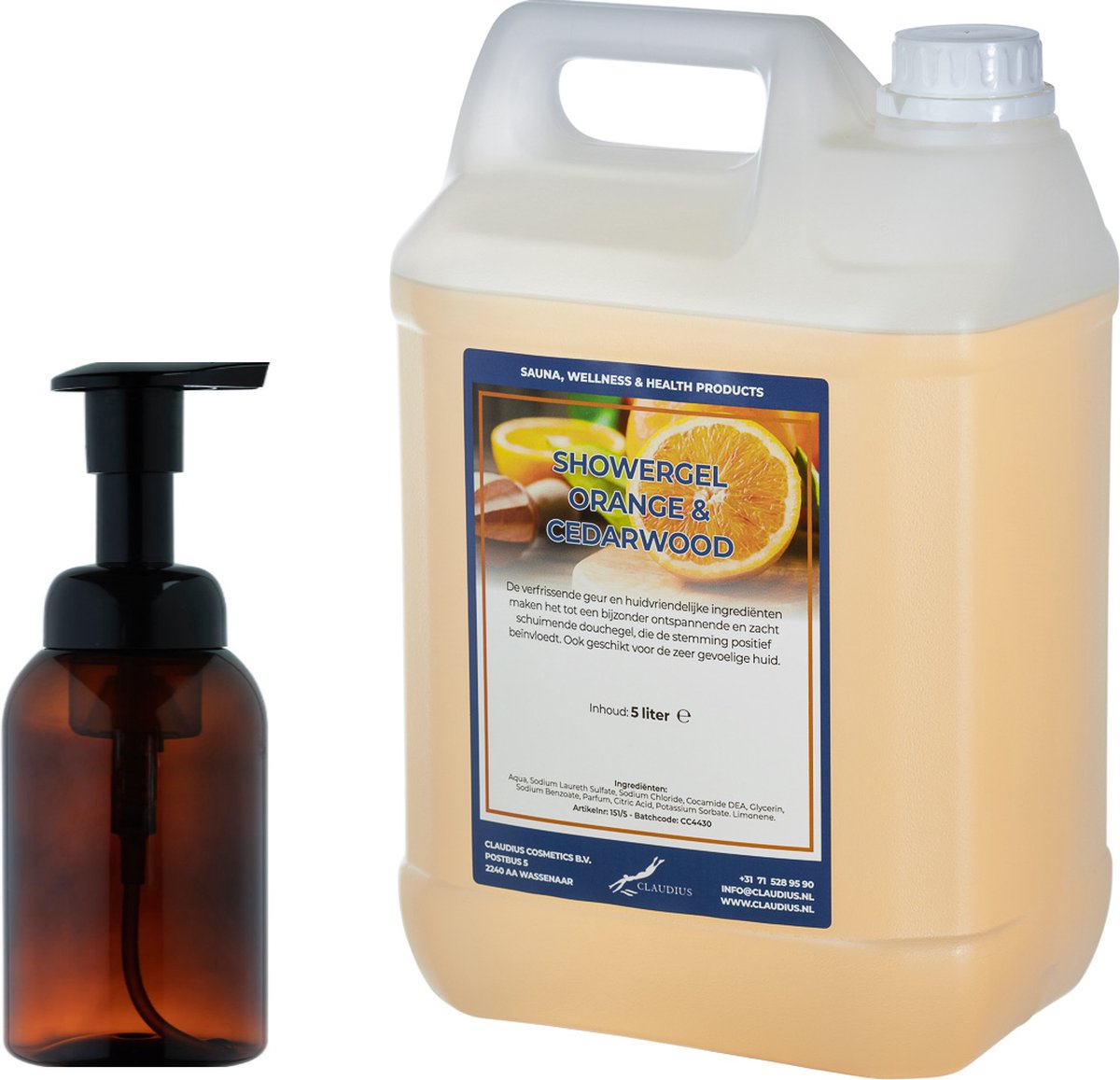 Goedkoopste Zeepdispenser 300 ml amber bruin hervulbaar 5 liter Showergel Sweet Orange & Cedarwood navulling