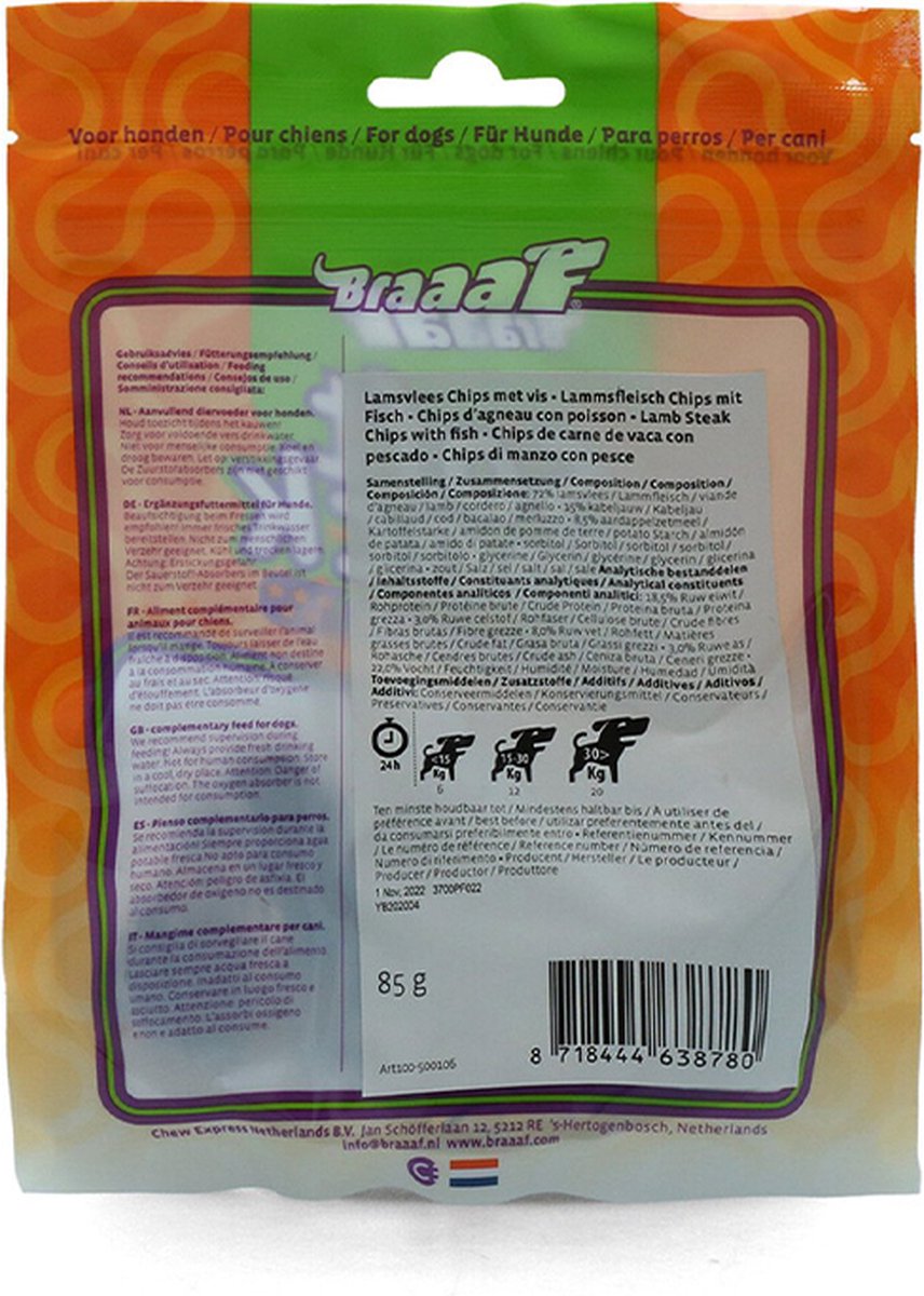 ** 2 X ** BRAAAF hondensnack lamsvlees chips met vis - omega 3 - 85 gr x 2 = 170 gr