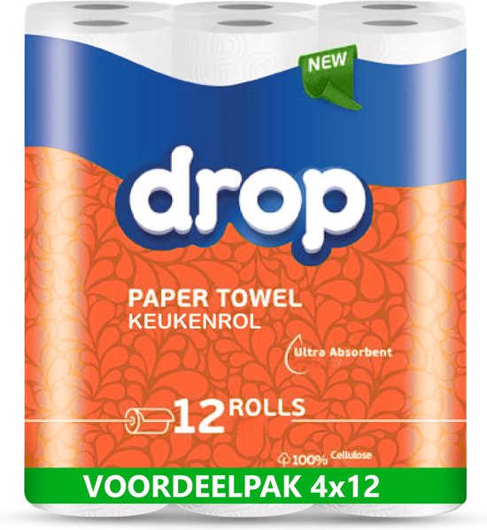 Un multipack d'essuie-tout Drop de 12 rouleaux avec un motif orange. Le texte 'Pack économique 4x12' est en bas.