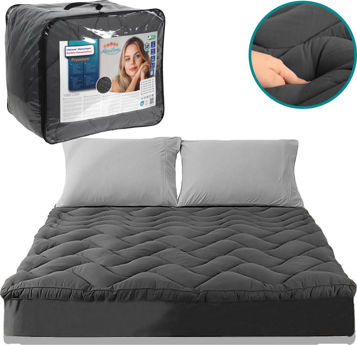 Premium Bamboe Houtskool Matrastopper – Drukverlagend, Anti-Allergisch & 1000GSM Vulling - 200x220