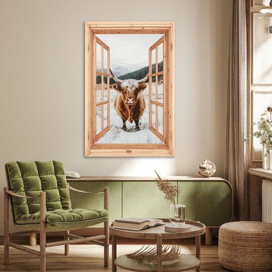 Poster 80x120 cm - Schotse Hooglander - Landschap - Landelijk - Bergen - Winter - Doorkijk - Posters - Kamer decoratie - Wanddecoratie woonkamer - Muurdecoratie slaapkamer