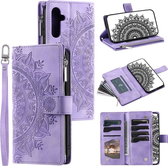 Étui de téléphone adapté pour Samsung Galaxy A16 - Portefeuille avec fermeture éclair - Book Case Cover - Espace pour 8 cartes - mandala violet
