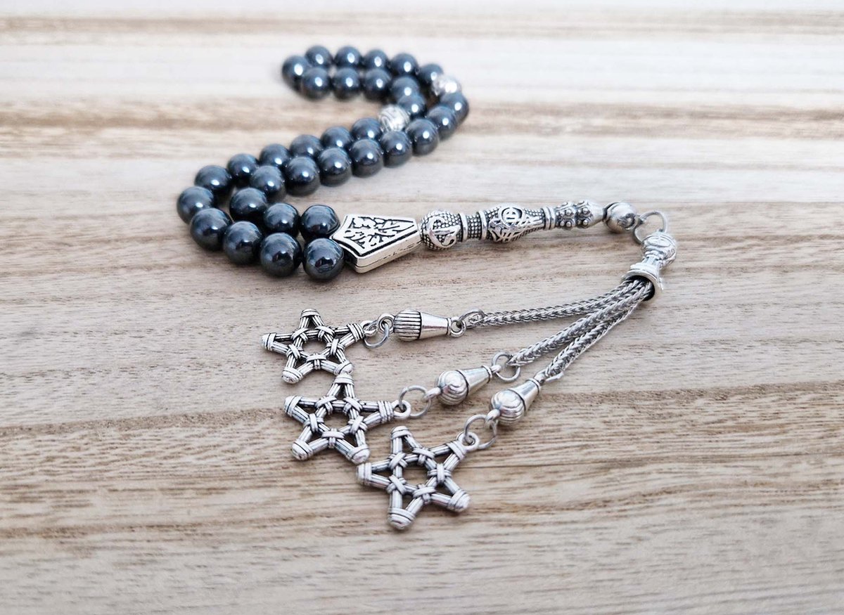 Handgemaakte tesbih "tasbih" natuursteen "Hematiet" - Aantal kralen 33 - Diameter kralen 8 MM - met metaal tassel "model 6" - Een mooi cadeau-idee