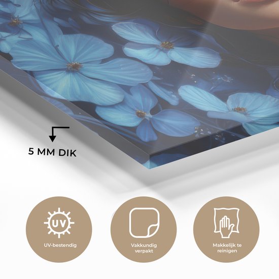MuchoWow® Peinture sur verre 120x80 cm - Peinture sur verre acrylique - Femme - Blauw - Fleurs - Papillons - Nature - Photo sur verre - Décoration murale salon - Décoration murale chambre - Peintures