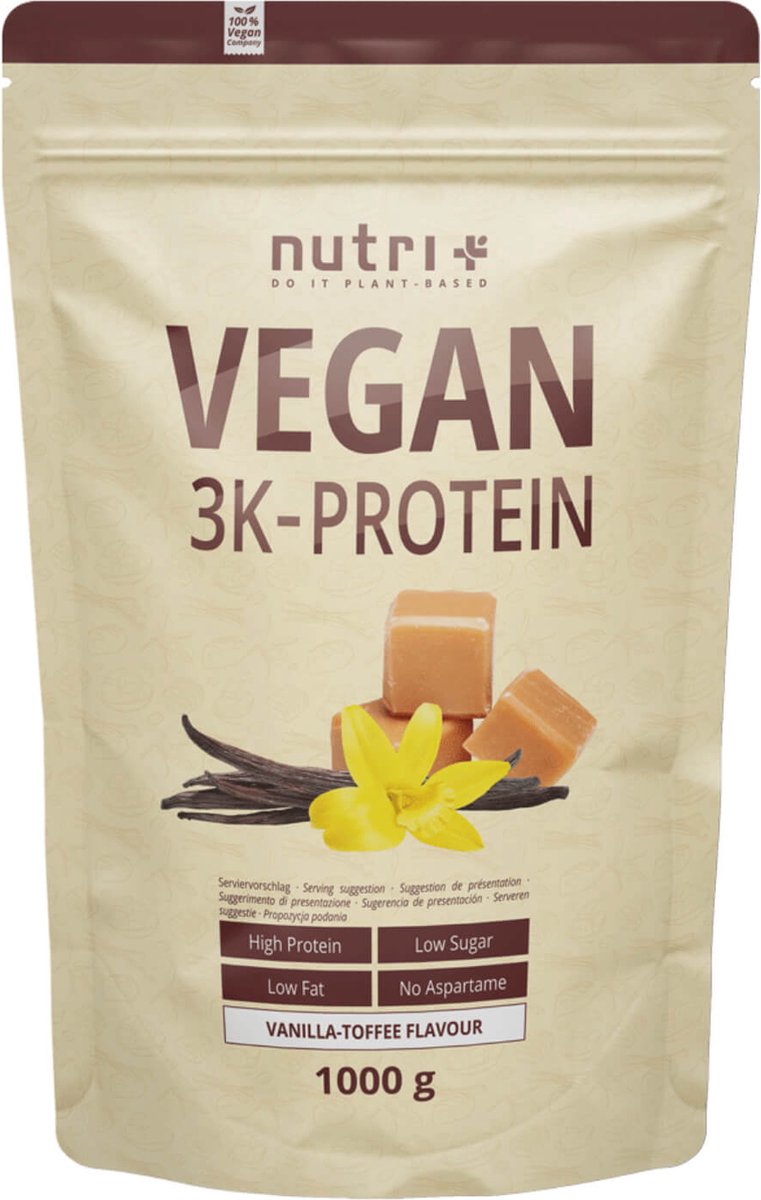 Goedkoopste nutri Vegan 3K Protein - Eiwitpoeder Vanilla Toffee - Veganistisch proteïne poeder - met proteïnen uit soja, erwten en zonnebloem - lactosevrij en glutenvrij - 1000 g