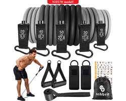 Ashbrit® Resistance Band 11 Delige Set - Exclusieve Luxe Uitvoering in Grijs Gradient - Fitness Elastiek - Weerstandsbanden - Handvaten - Enkelbanden - Draagtas