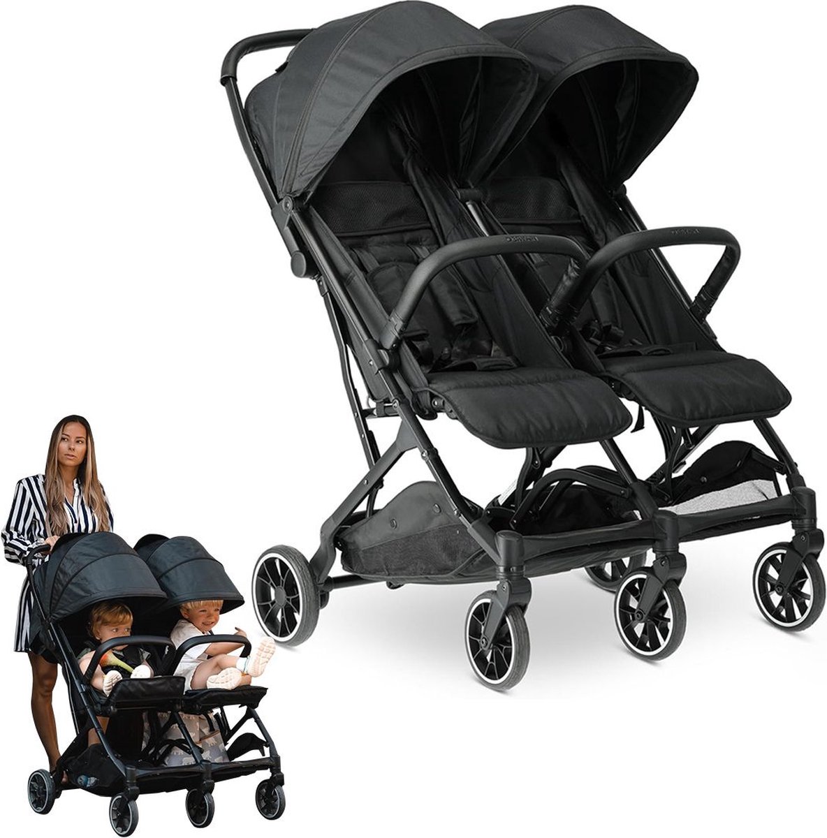 ApexArte® Duo Kinderwagen - Buggy - Tweeling - Wandelwagen - Zwart