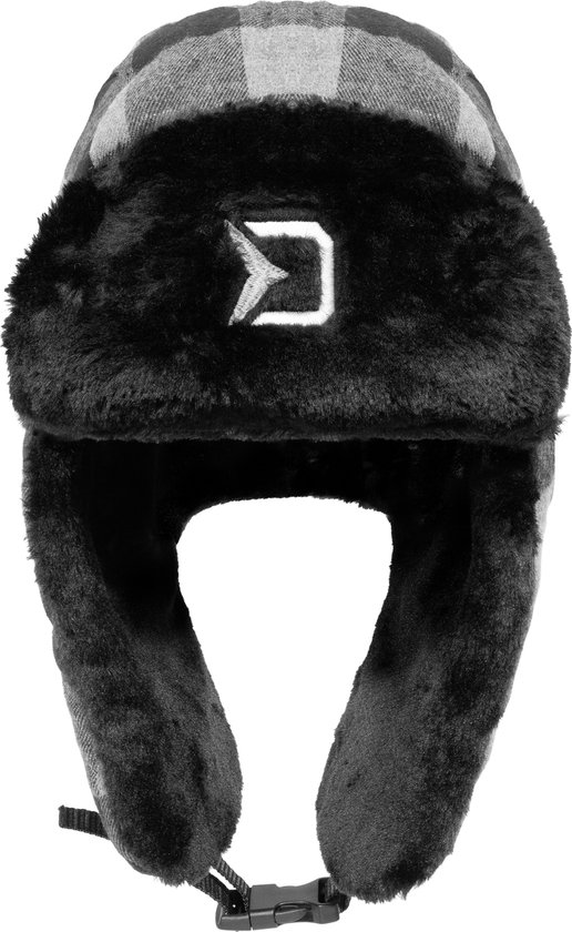 Grijze en zwarte geruite muts met faux fur kraag, met logo en aan de zijkant gespen.