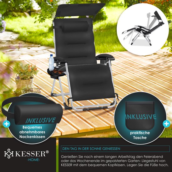 KESSER Luxe Ligstoel - Extra Breed & Comfortabel - Dikke Kussens, Armleuningen, Hoofdkussen, Bijzettafel & Opbergvakken - Ergonomisch & Antislip - Tuin of Balkon - Zwart — afbeelding 2
