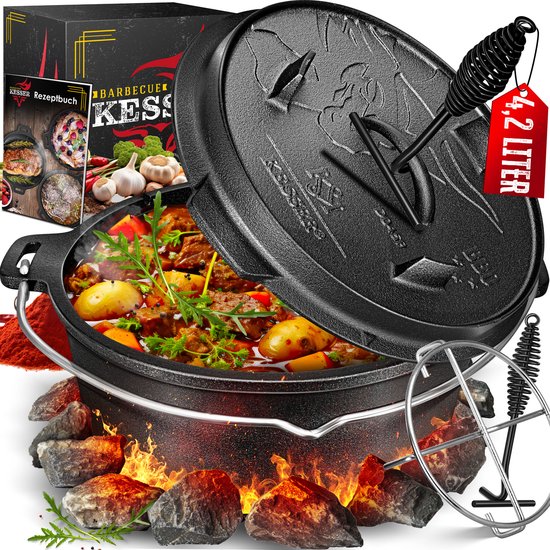 KESSER® Dutch Oven Gietijzeren Pan met Deksel voor Buiten & Binnen BBQ Multifunctionele Kookset - Barbecuepan Braadpan voor 2-5 personen met standaard - 4,2 Liter, Zwart