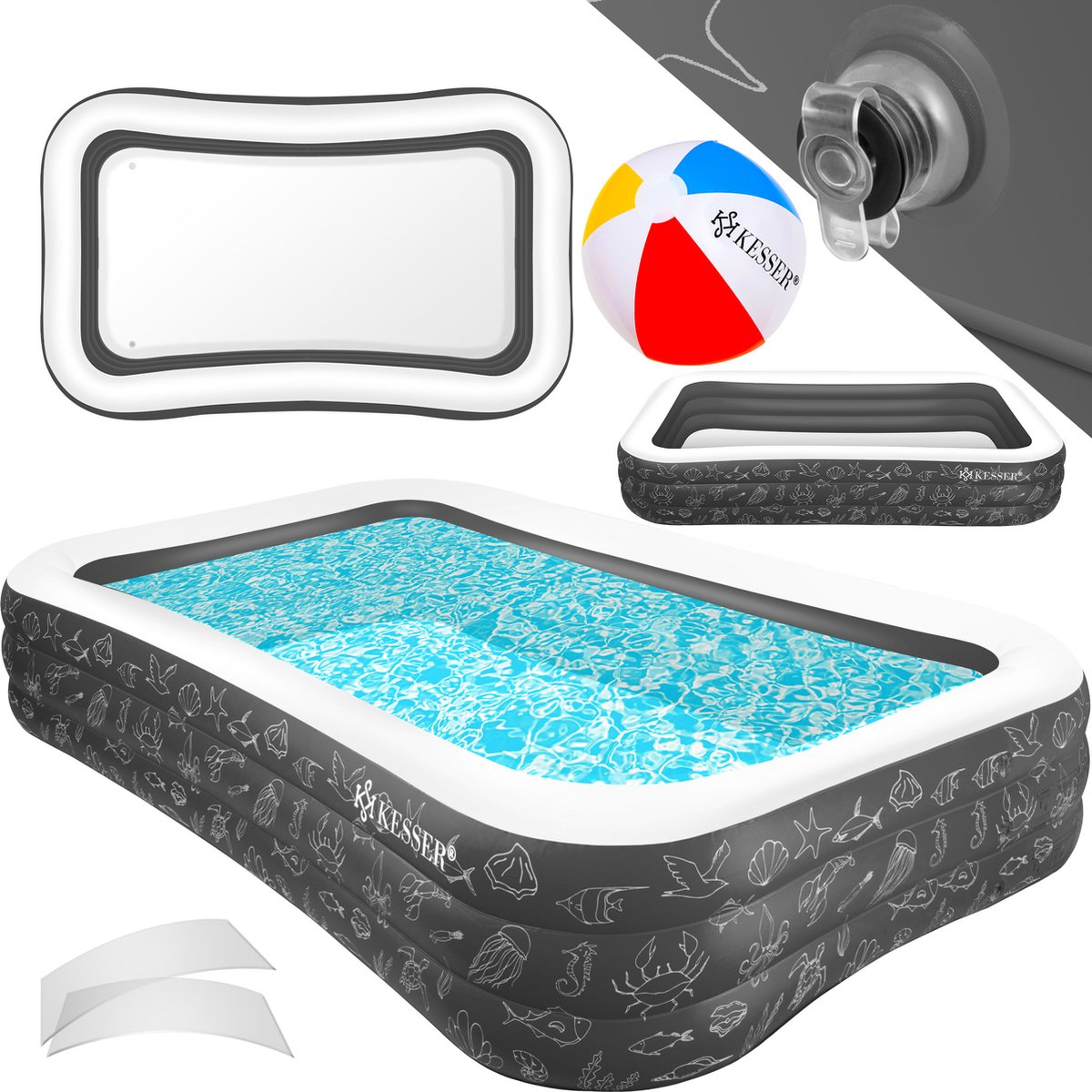 KESSER® Opblaasbaar Familiezwembad - 613 L - 3 luchtkamers - 240 x 142 x 56 cm - Antraciet