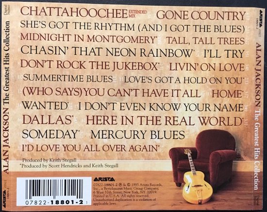 Alan Jackson "The Greatest Hits Collection" albumhoes, achterkant. Met tracklist en een stoel met gitaar.