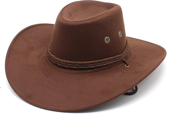 Chapeau de cowboy marron avec un cordon tressé décoratif autour de la couronne et des œillets d'aération.