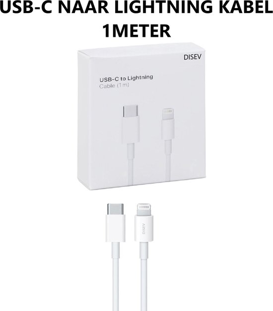 Verpakking en witte USB-C naar Lightning kabel van 1 meter van DISEV.