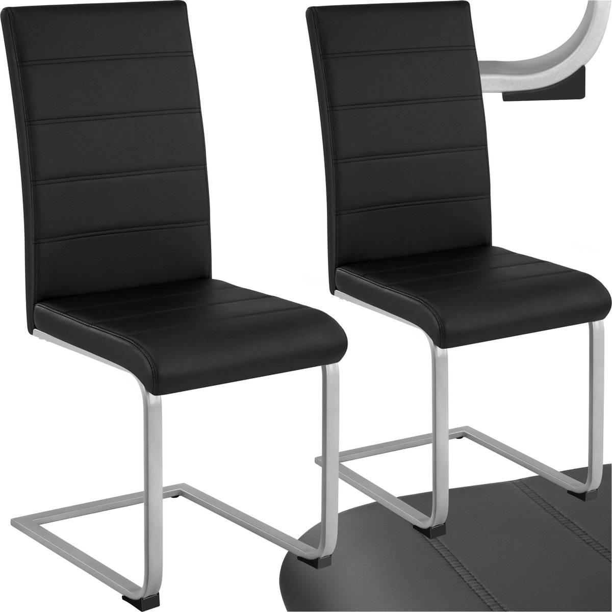Tectake Eetkamerstoelen | Kunstleren Stoelen met Hoge Rugleuning | Sledestoel met Ergonomisch Gevormde Rugleuning - diverse kleuren (zwart, 2 set)