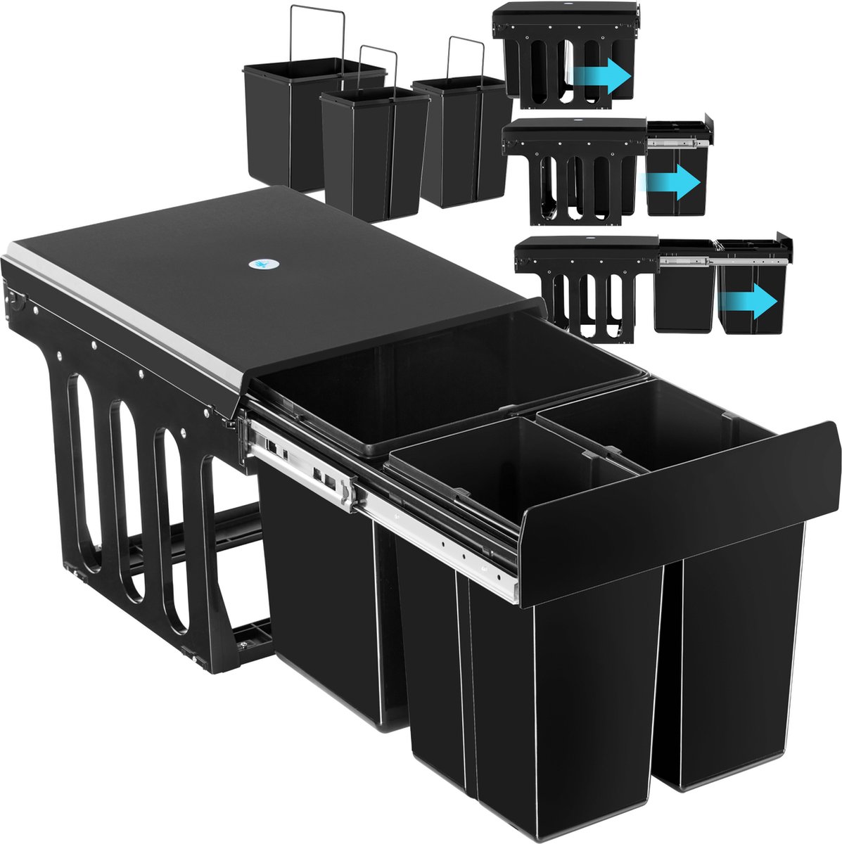 Goedkoopste tectake® Afvalverzamelaar - Inbouw vuilnisbak - Meervoudige afvalscheiding - Efficiënte opruimoplossing voor keuken en kantoor - Driedubbele prullenbak met telescooprails - 2x 8L 1x 15L
