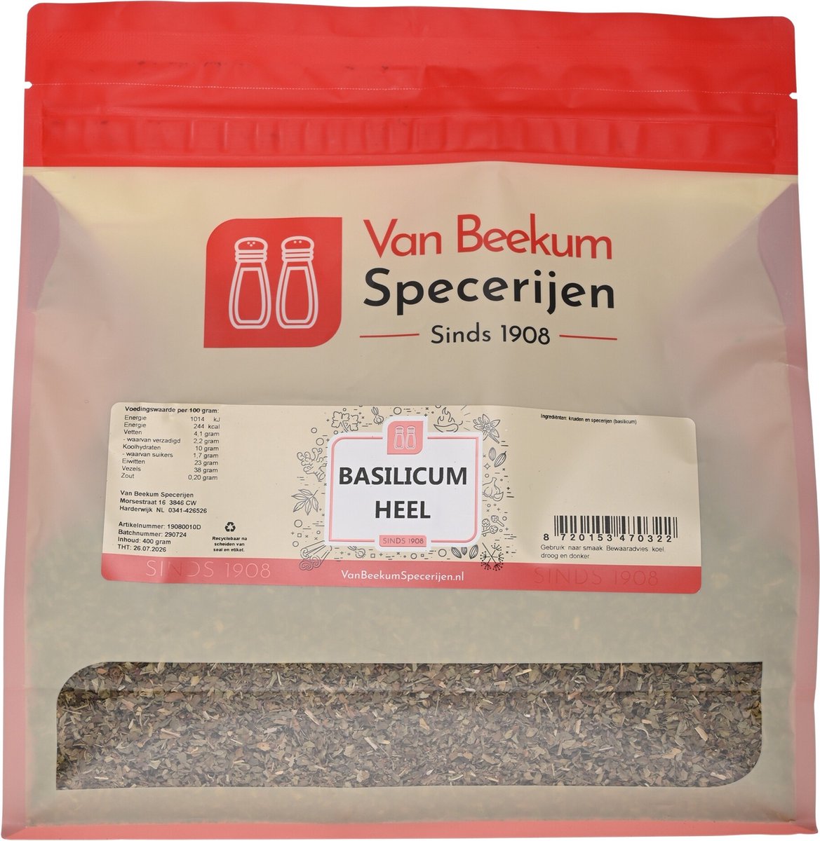 Goedkoopste Van Beekum Specerijen - Basilicum Heel - 400 Gram (hersluitbare stazak